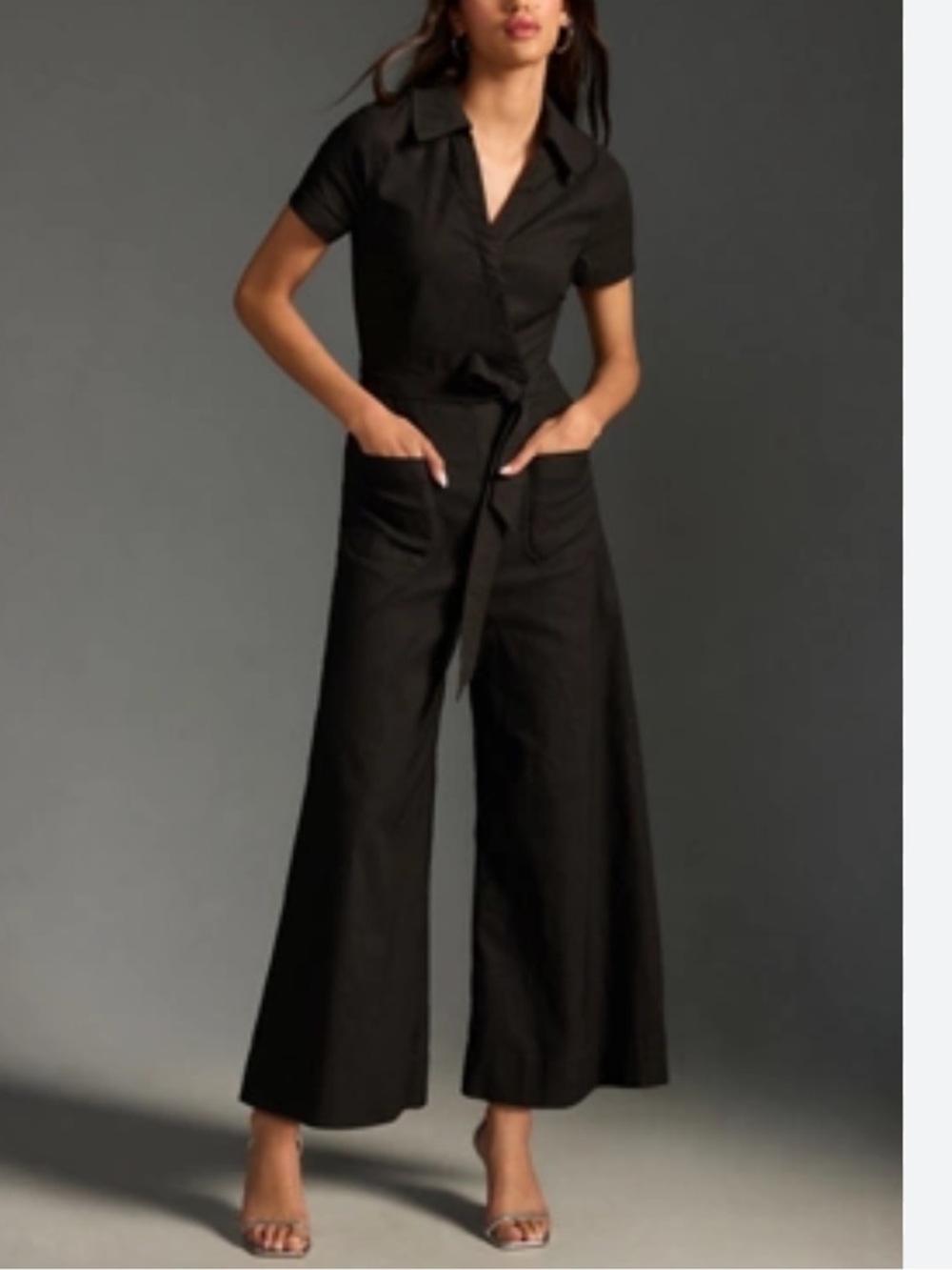 Anthropologie Black Short-Sleeve Wide-Leg Jumpsuit with Tie Waist